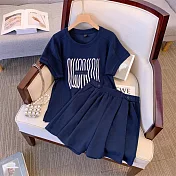 【MsMore】 大碼圓領短袖時尚運動套裝百搭上衣短褲兩件式休閒套裝# 121724 M 藍色