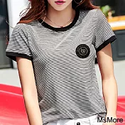 【MsMore】 純棉條紋時尚修身顯瘦氣質短袖圓領t恤短版上衣# 121814 2XL 黑色