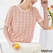 【MsMore】 短袖圓領休閒絲質上衣氣質短版針織# 121818 FREE 粉紅色