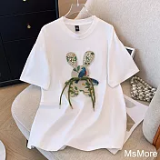 【MsMore】 新中式國風兔子刺繡純棉大碼圓領短袖T恤短版上衣# 121602 L 白色