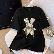 【MsMore】 新中式國風兔子刺繡純棉大碼圓領短袖T恤短版上衣# 121602 M 黑色