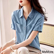 【MsMore】 天絲牛仔襯衫時尚減齡清新百搭短袖短版上衣# 121609 M 藍色