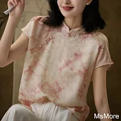 【MsMore】 國風新中式蕙蘭粉小立領盤扣絲質短版上衣# 121614 M 粉紅色