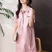 【MsMore】 工裝連身裙翻領寬鬆顯瘦休閒中長版短袖洋裝# 121626 M 粉紅色
