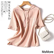 【MsMore】 矜貴清爽彈力重绉絲質連帽T恤短版上衣# 121753 L 粉紅色