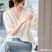 【MsMore】 時尚復古法式V領短袖通勤簡約米白襯衫短版上衣# 121760 L 米白色