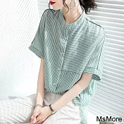 【MsMore】 後背印花綠條紋拼接寬鬆時尚短袖襯衫簡約休閒短版上衣# 121765 2XL 綠色