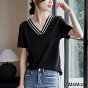 【MsMore】 V領織帶設計短袖T恤優雅氣質黑色短版上衣# 121807 2XL 黑色