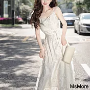 【MsMore】 白月光吊帶連身裙立體繡花亢皺精緻可調節帶長洋裝# 121842 M 白色