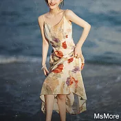 【MsMore】 油畫吊帶裙大色塊印花古典藝術風 圓領長洋裝# 121843 L 花紋色