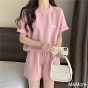 【MsMore】 休閒運動套裝寬鬆簡約大碼百搭短袖短褲兩件式套裝# 121852 M 粉紅色