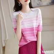 【MsMore】 雙曲冰麻線衫圓領撞色格紋提花五分短袖針織衫寬鬆短版上衣# 121868 FREE 粉紅色