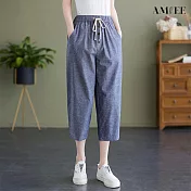【AMIEE】純色棉麻鬆緊腰七分褲(KDPY-7090) XL 牛仔藍