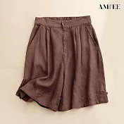 【AMIEE】棉麻復古休閒五分短褲(KDPY-1805) M 咖啡色