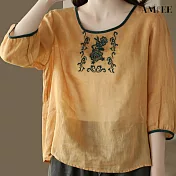 【AMIEE】棉麻刺繡文藝拼色圓領襯衫(KDTY-5808) XL 黃色