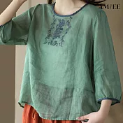 【AMIEE】棉麻刺繡文藝拼色圓領襯衫(KDTY-5808) M 綠色