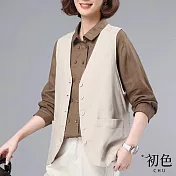 【初色】棉麻風純色V領無袖單排釦口袋短款背心外套女外套-共3色-33790(M-2XL可選) XL 米色