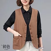 【初色】棉麻風純色V領無袖單排釦口袋短款背心外套女外套-共3色-33790(M-2XL可選) XL 咖啡色
