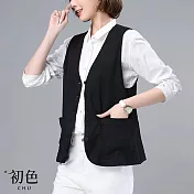 【初色】棉麻風純色V領無袖單排釦口袋短款背心外套女外套-共3色-33790(M-2XL可選) XL 黑色