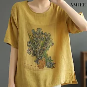 【AMIEE】棉麻民族風印花上衣(KDTY-5809) 2XL 黃色