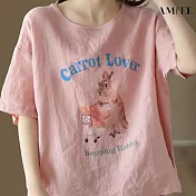 【AMIEE】棉麻文藝寬鬆印花休閒上衣(KDTY-5807) XL 粉色