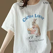 【AMIEE】棉麻文藝寬鬆印花休閒上衣(KDTY-5807) XL 白色