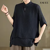 【AMIEE】棉麻中國風立領雙層襯衫(KDTY-8555) L 黑色