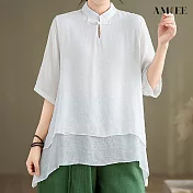 【AMIEE】棉麻中國風立領雙層襯衫(KDTY-8555) L 白色
