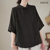 【AMIEE】斜襟棉麻純色休閒襯衫上衣(KDTY-7157) 2XL 黑色