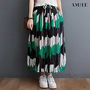 【AMIEE】復古寬鬆顯瘦鬆緊腰半身裙(KDSY-5584) L 綠色幾何裙