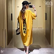 【初色】韓系字母印花圓領五分短袖露背中長裙連衣裙連身洋裝-共3色-33863(M-4XL可選) M 黃色