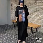 【初色】短袖插畫風印花過膝連身裙洋裝長版T恤上衣-共2色-33881(M-4XL可選) 3XL 黑色