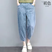 【初色】復古風顯瘦拼接刺繡牛仔休閒寬褲九分長褲-共2色-33887(M-2XL可選) M 牛仔藍