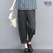 【初色】復古風顯瘦拼接刺繡牛仔休閒寬褲九分長褲-共2色-33887(M-2XL可選) M 黑色