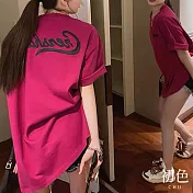 【初色】寬鬆長版後背大字母印花遮肉顯瘦短袖T恤上衣女上衣-共3色-33908(M-3XL可選) M 紫紅色
