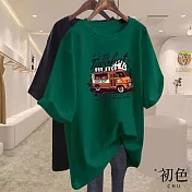 【初色】汽車印花圓領寬鬆顯瘦遮肉休閒短袖T恤上衣-共10色-33913(M-2XL可選) M 綠色
