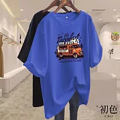【初色】汽車印花圓領寬鬆顯瘦遮肉休閒短袖T恤上衣-共10色-33913(M-2XL可選) M 藍色