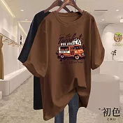 【初色】汽車印花圓領寬鬆顯瘦遮肉休閒短袖T恤上衣-共10色-33913(M-2XL可選) XL 咖啡色