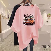 【初色】汽車印花圓領寬鬆顯瘦遮肉休閒短袖T恤上衣-共10色-33913(M-2XL可選) XL 粉紅色