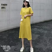 【初色】純色長版直筒T恤上衣短袖連身裙洋裝-共4色-33921(M-2XL可選) M 黃色