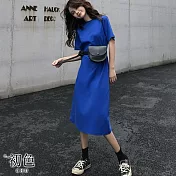 【初色】純色長版直筒T恤上衣短袖連身裙洋裝-共4色-33921(M-2XL可選) M 藍色