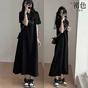 【初色】純色英文印花中大尺碼圓領短袖寬鬆中長裙連身洋裝連身裙洋裝-黑色-33923(M-4XL可選) 3XL 黑色