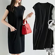【初色】夏日削肩純色中長款連身洋裝短袖長版T恤上衣-共2色-33929(M-4XL可選) M 黑色