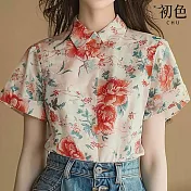 【初色】中國風花卉復古印花翻領短袖襯衫上衣女上衣-花色-33943(M-2XL可選) L 花色