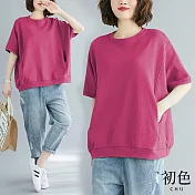 【初色】純色寬鬆短袖T恤上衣女上衣-5款任選-32577(M-2XL可選) M B.玫紅色