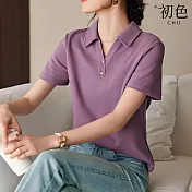 【初色】純色鈕扣POLO領短袖T恤上衣女上衣-紫色-33951(M-2XL可選) XL 紫色