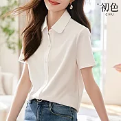 【初色】純色翻領短袖單排扣襯衫上衣女上衣-共3色-33952(M-2XL可選) XL 白色