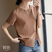 【初色】純色下擺開叉不規則拼接圓領短袖T恤上衣女上衣-咖啡色-33953(M-2XL可選) XL 咖啡色