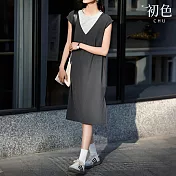 【初色】撞色拼接圓領無袖直筒裙連衣裙連身洋裝-灰色-33955(M-2XL可選) M 灰色