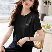【初色】簡約風純色柔軟透氣涼爽顯瘦圓領短袖T恤上衣女上衣-共3色-33960(M-2XL可選) XL 黑色
